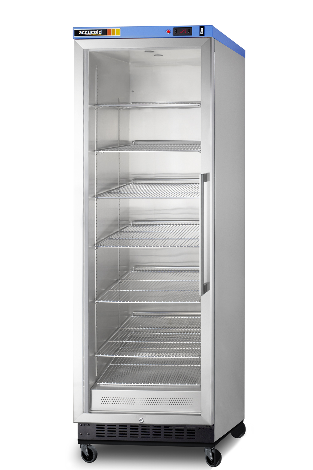 Single chamber passive heating blanket warmer with a self-closing glass door, stainless steel interior, digital thermostat, stainless steel cabinet, and lock